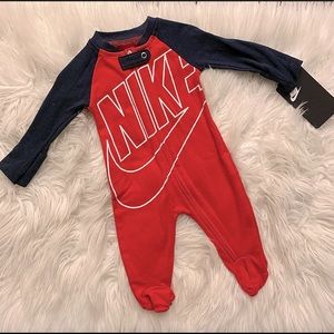 Nike Red and Dark Blue Onesie with footies, a zipper, and built in mittens - NB
